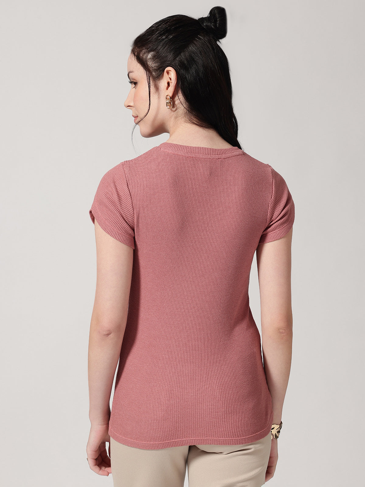Textured Dusty Rose Round Neck T-shirt
