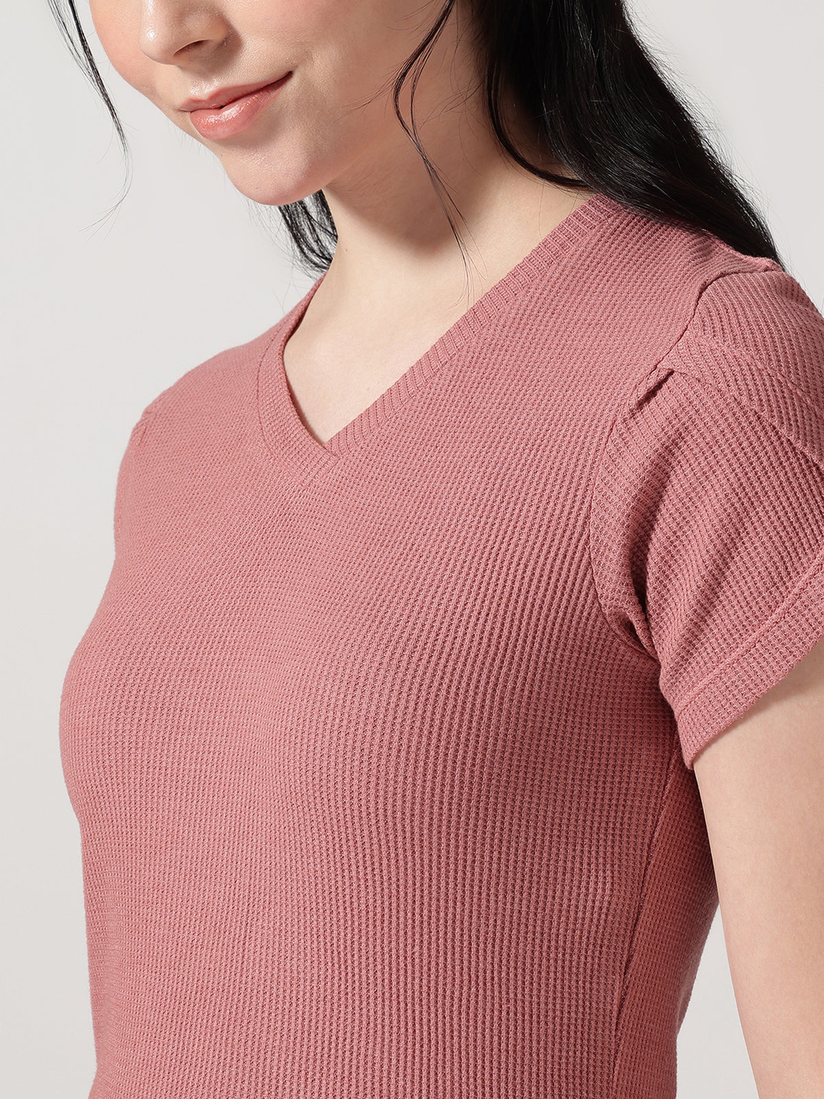 Textured Dusty Rose Round Neck T-shirt
