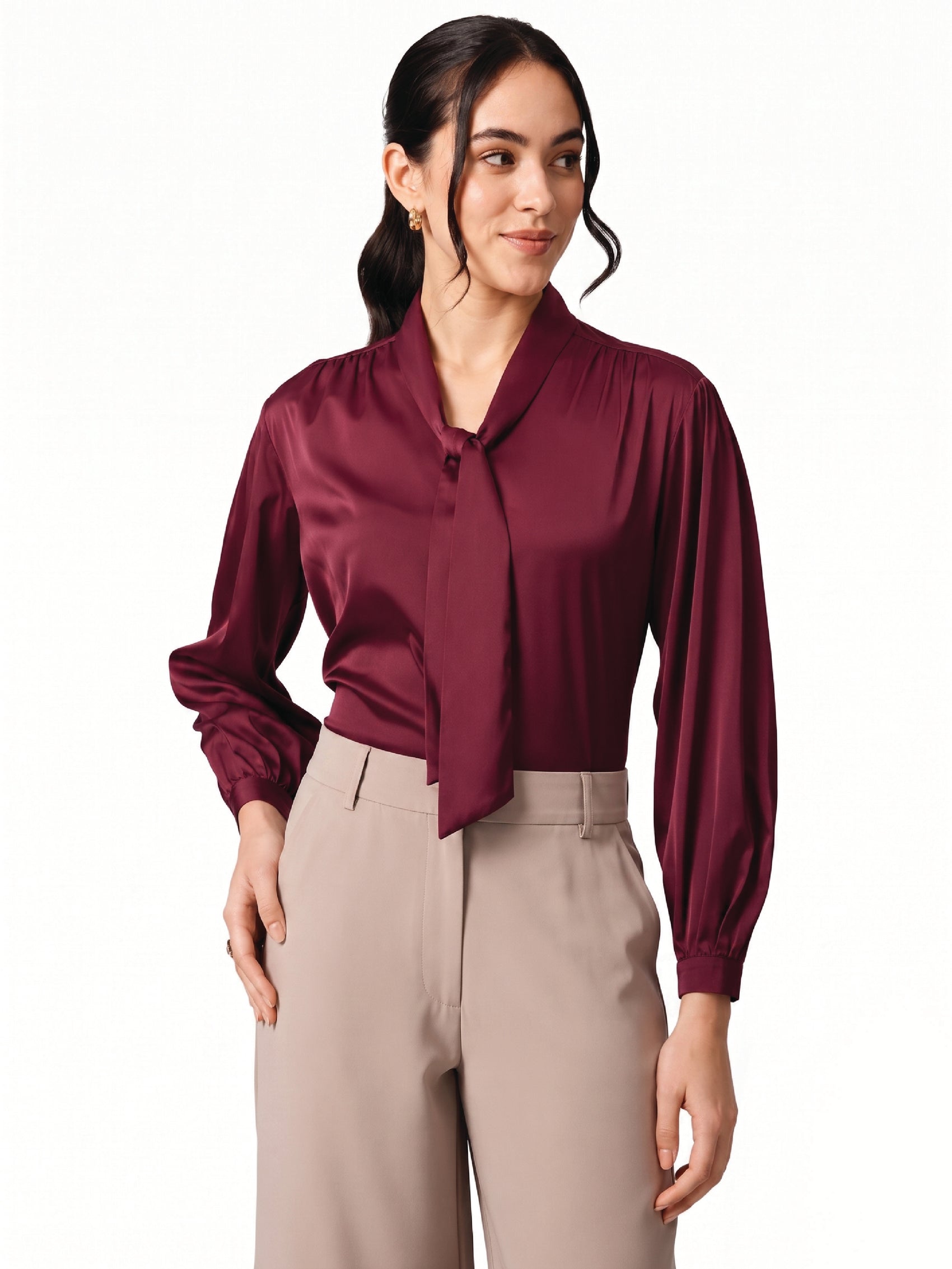 Maroon Tie-Up Satin Top