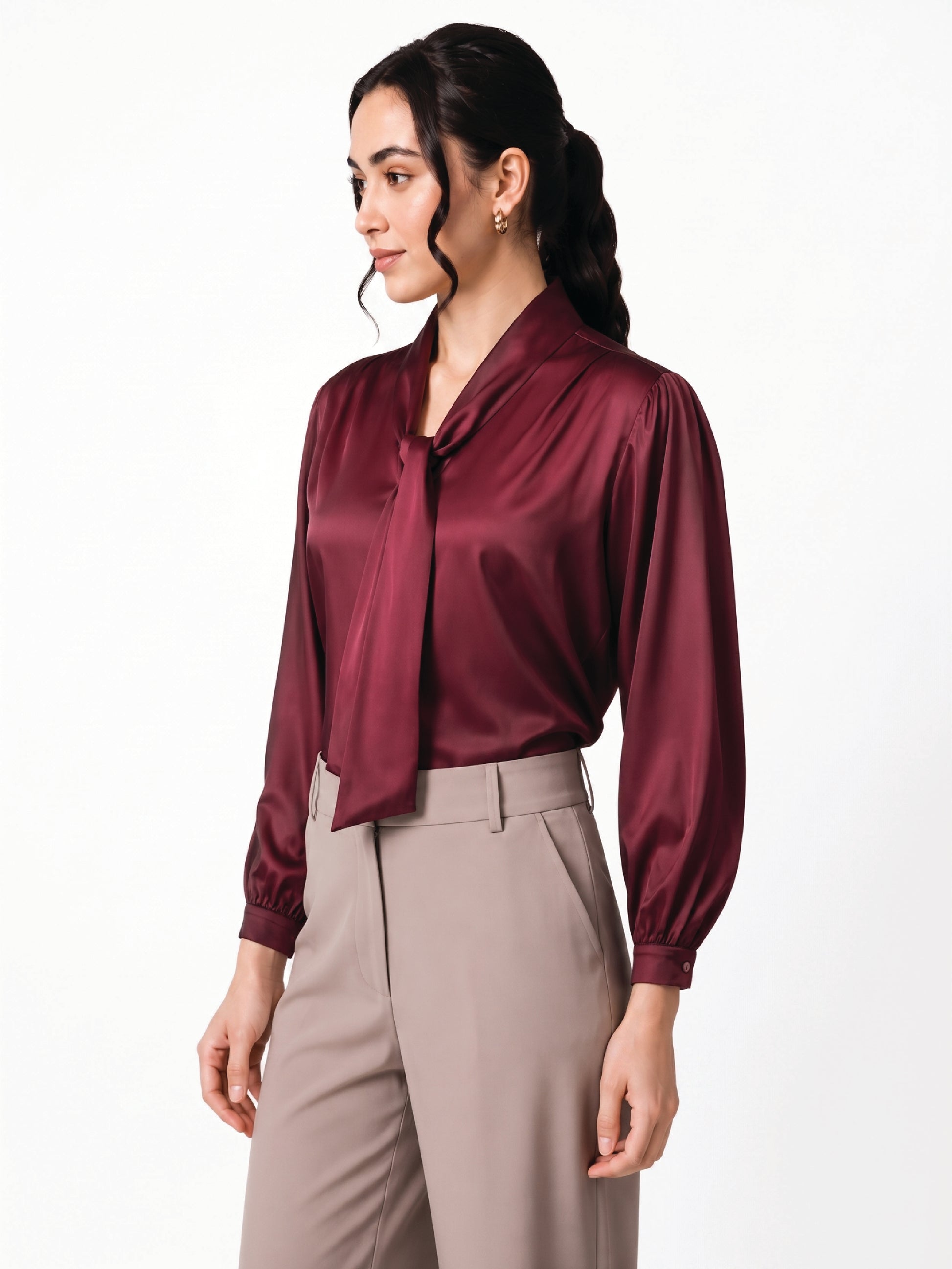 Maroon Tie-Up Satin Top