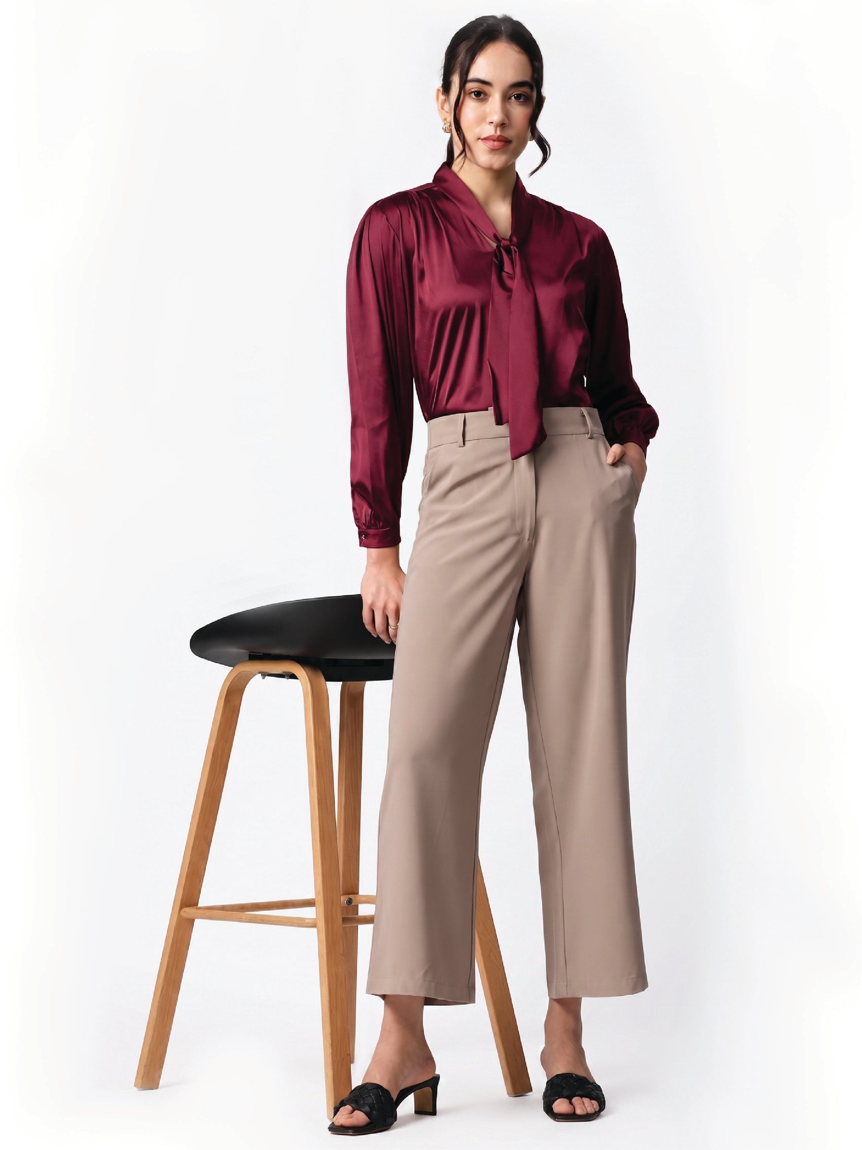 Maroon Tie-Up Satin Top