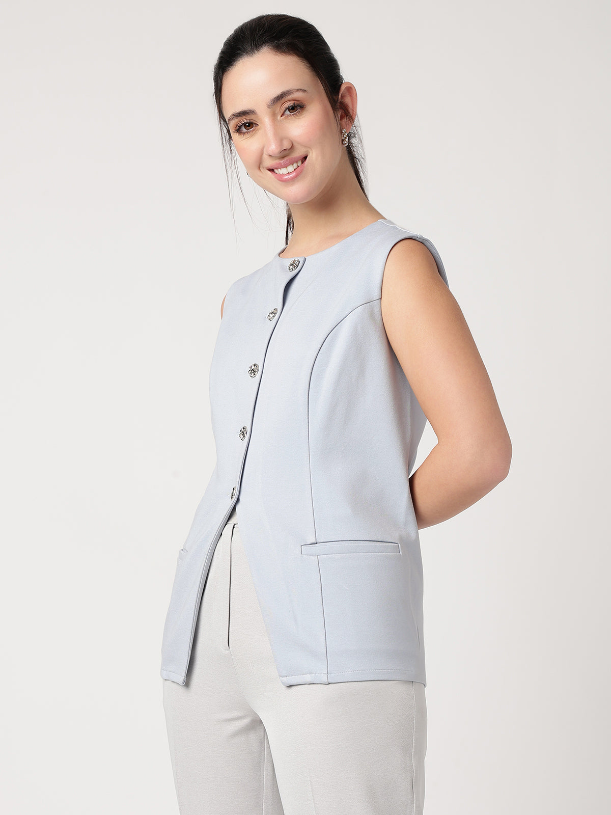 Statement Buttoned Powder-Blue Waistcoat